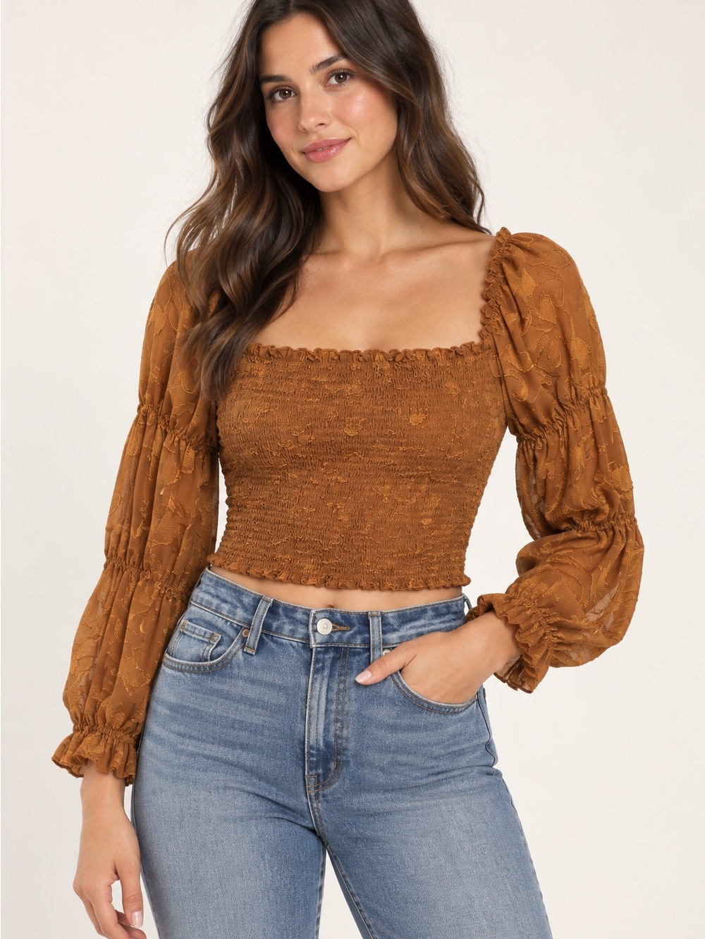 Lulus Women’s M Rust Smocked Crop Top Sheer Floral Balloon Sleeves